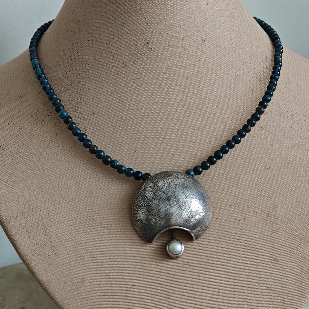 Modernist Sterling Silver and Genuine Apatite Beads Necklace Signed - Picture 4 of 15